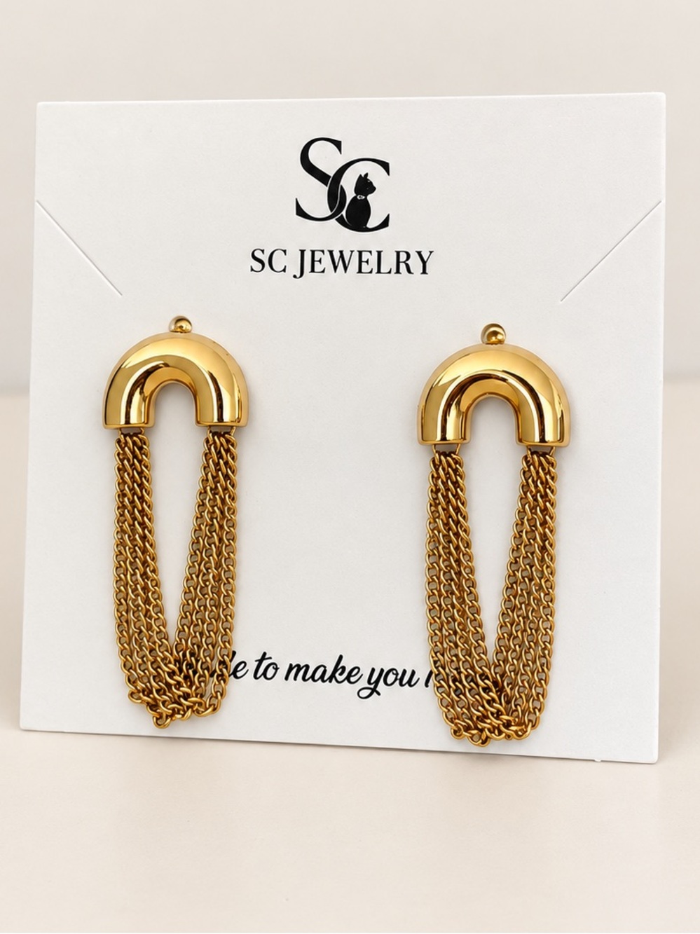 Gold Stainless Steel Chain Tassel Earrings U Shape Fringe Statement Dangle